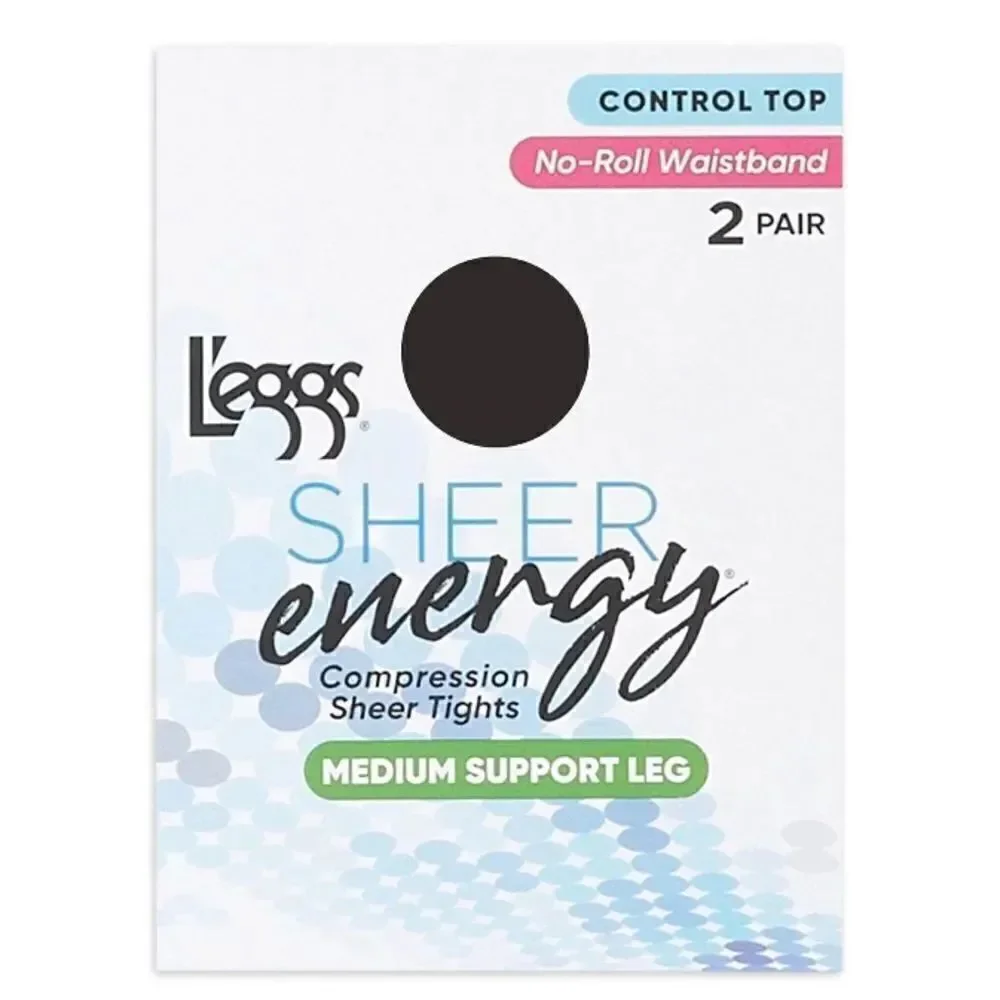 Sheer Medium Support Leg Control Top No-Roll Waistband Sheer Toe, 2, 2-Pk Size B